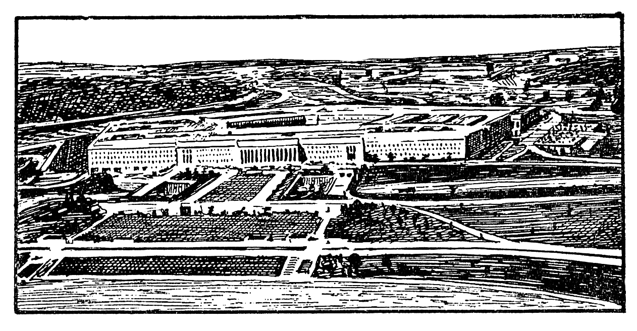 Vue aérienne du Pentagone. Au fond l'annexe occupée par la Marine.