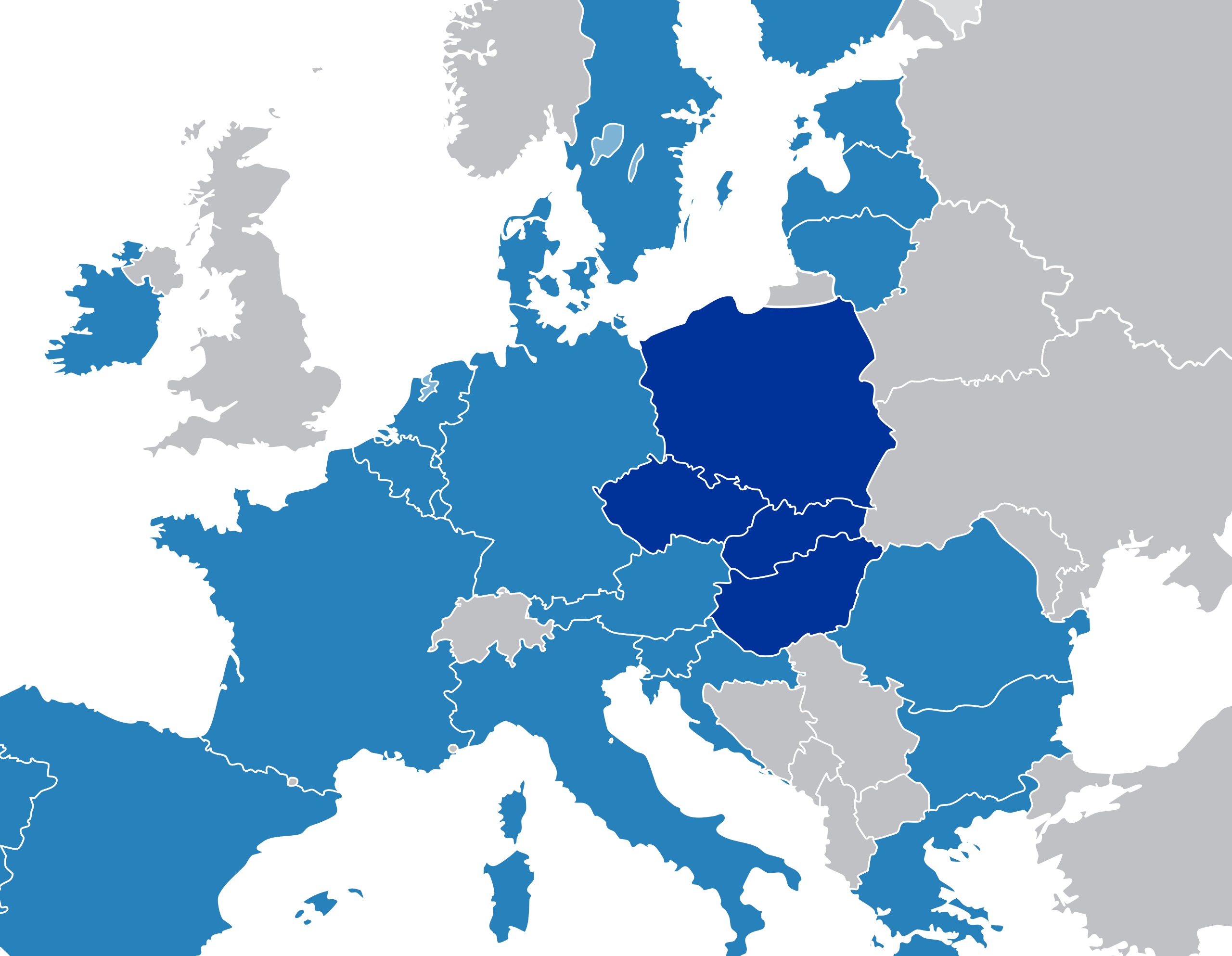 Carte de l'Union européenne avec le groupe de Visegrad en bleu foncé