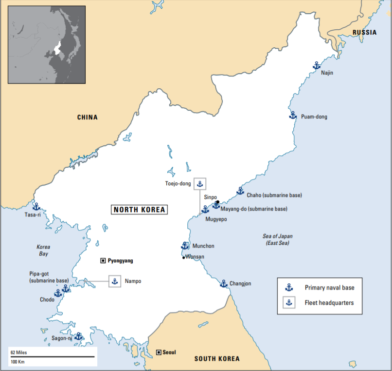 Carte des principales bases navales nord-coréennes (© The International Institute for Strategic Studies, 2018)