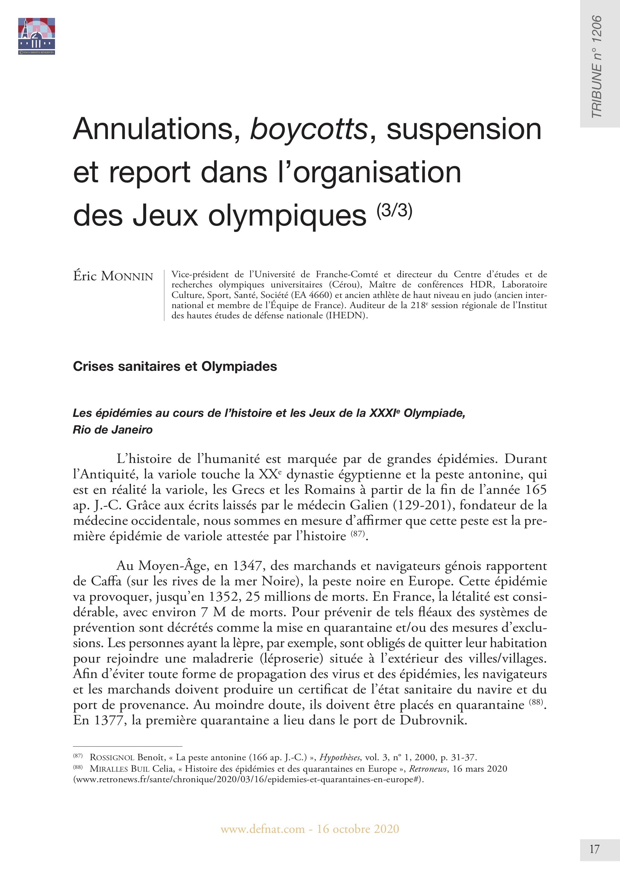 Annulations Boycotts Suspension Et Report Dans L Organisation Des Jeux Olympiques 3 3 Crises Sanitaires Et Olympiades T 16