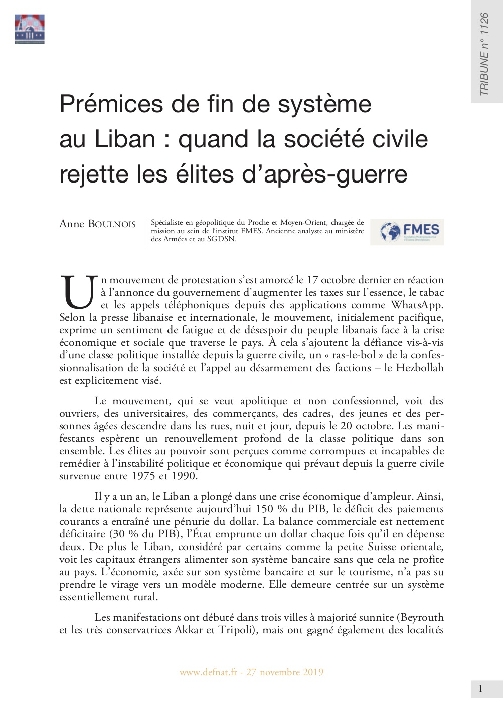 Prémices de fin de système au Liban : quand la société civile rejette les élites d’après-guerre (T 1126)
