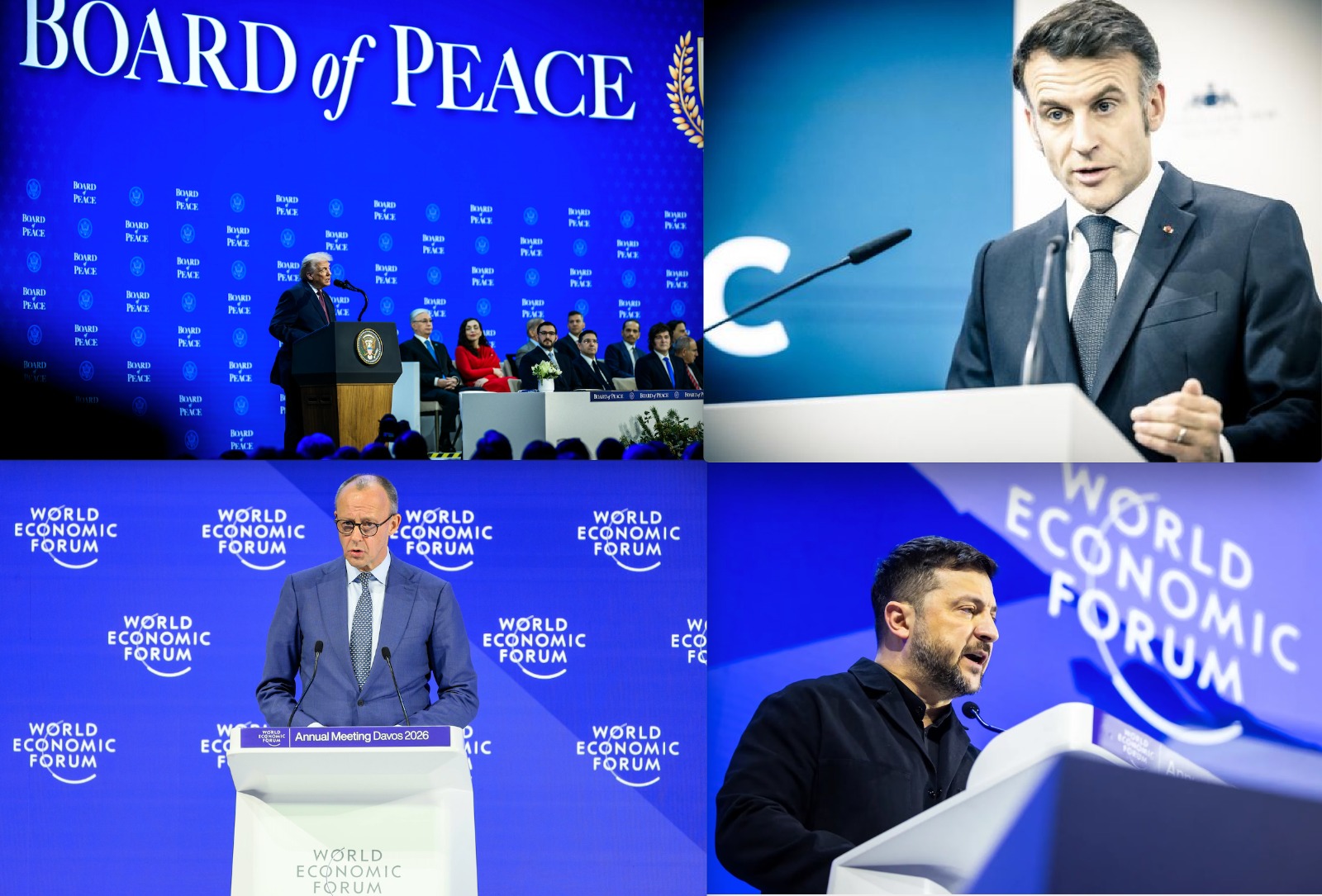 Donald Trump (&Eacute;tats-Unis), Friedrich Merz (Allemagne), Volodymyr Zelensky (Ukraine) &agrave; Davos en janvier 2026 et Emmanuel Macron &agrave; Munich (&copy; DR)